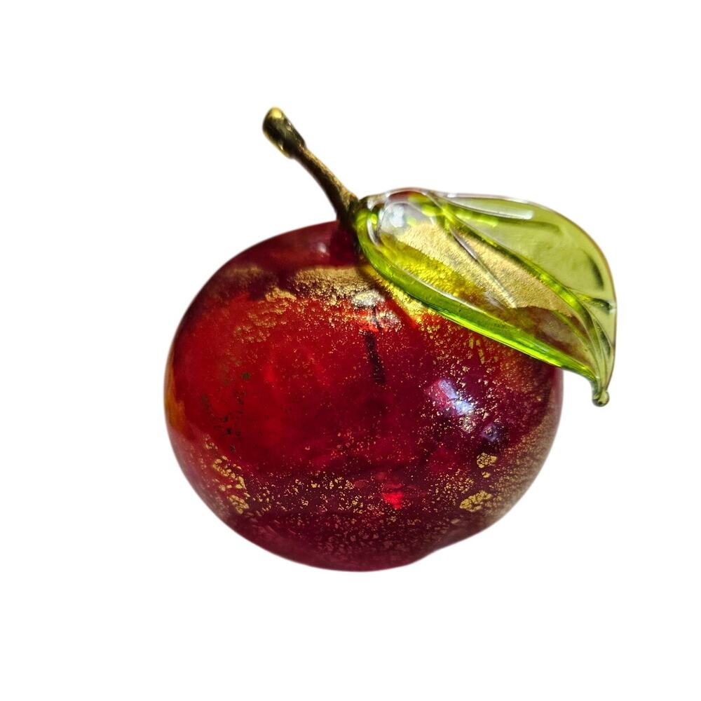 Vetro Artistico Murano Italian glass red Apple green glass leaf, gold gilding 2"